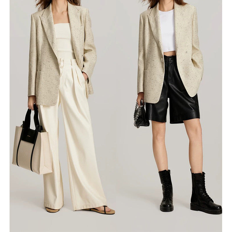 Women's Beige Tweed Linen Blazer | Single Button Notch Lapel Jacket | Smart Casual Office Coat