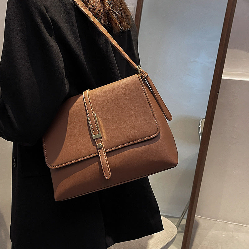 Black Leather Crossbody Bag with Gold Hardware | Structured Flap Shoulder Purse
