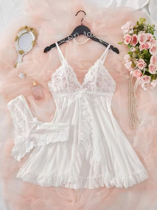 Women's Lace Babydoll Lingerie Dress Sexy Deep V Bow Front Sheer Mesh Mini Chemise Sleepwear 6 Colors