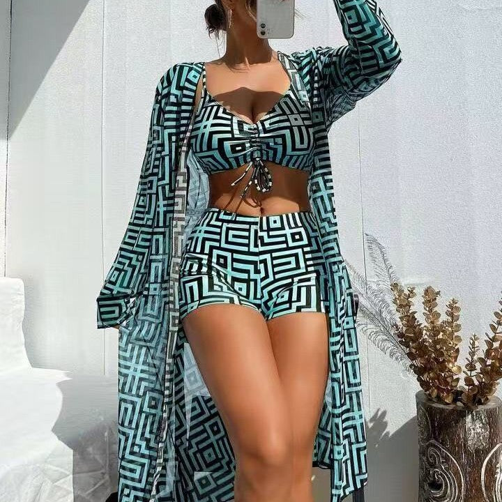 Geometric Maze Print 3-Piece Bikini Set, Front Tie Crop Top & High Waist Shorts with Long Kimono Cover Up, Women Brown Cream Swimwear, Luxury Matching Beach Outfit, Resort Vacation Swimsuit