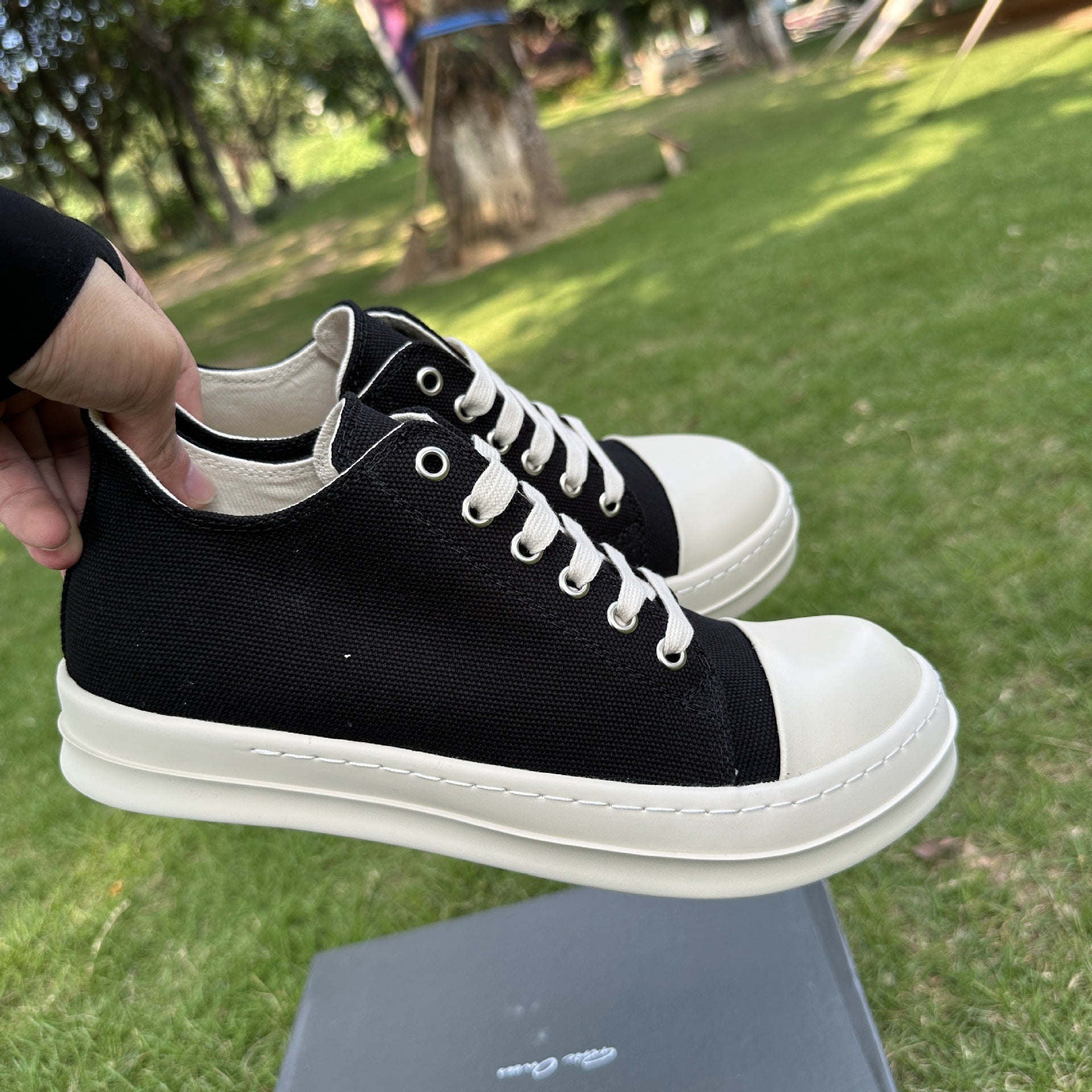 Black Canvas Low Top Sneakers | Chunky White Sole Lace-Up Unisex Platform Shoes | Avant-Garde Street Style Trainers