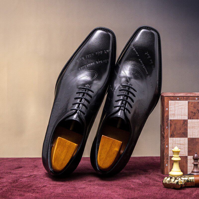 A.N.M.Bullock Men's Cognac Brown Script Engraved Oxford Dress Shoes | Luxury Square Toe Leather Lace-Up Formal Shoes