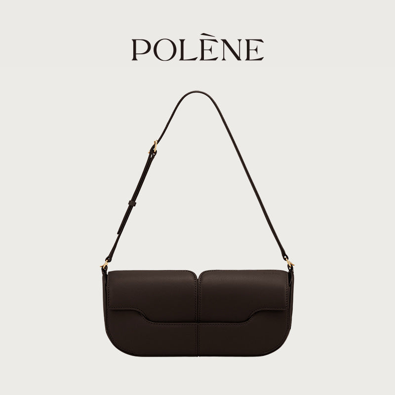 Polene Genuine Leather Black Leather Baguette Bag | Minimalist Shoulder Bag with Flap Closure