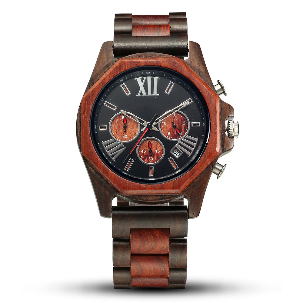 Men's Handcrafted Wooden Chronograph Watch | Zebra & Red Sandalwood Two-Tone Band | Octagonal Case, Roman Numerals & Date Display | Eco-Friendly Luxury Timepiece