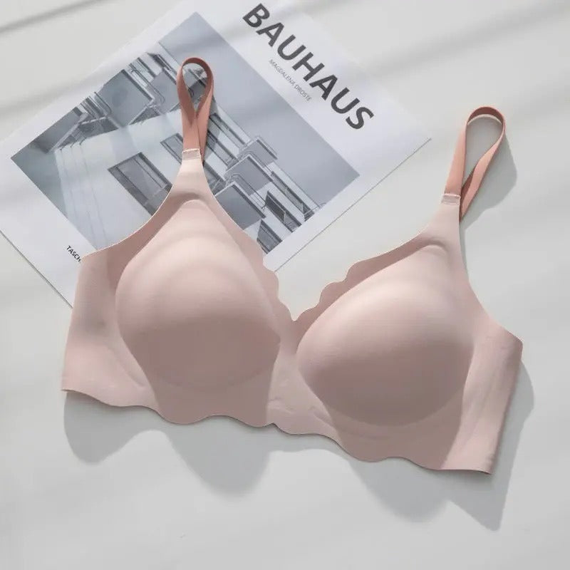 Nahtloser Bügelloser BH für Damen | Glatter T-Shirt-BH | Elfenbeinfarben ohne Bügel | Verstellbare graue Träger