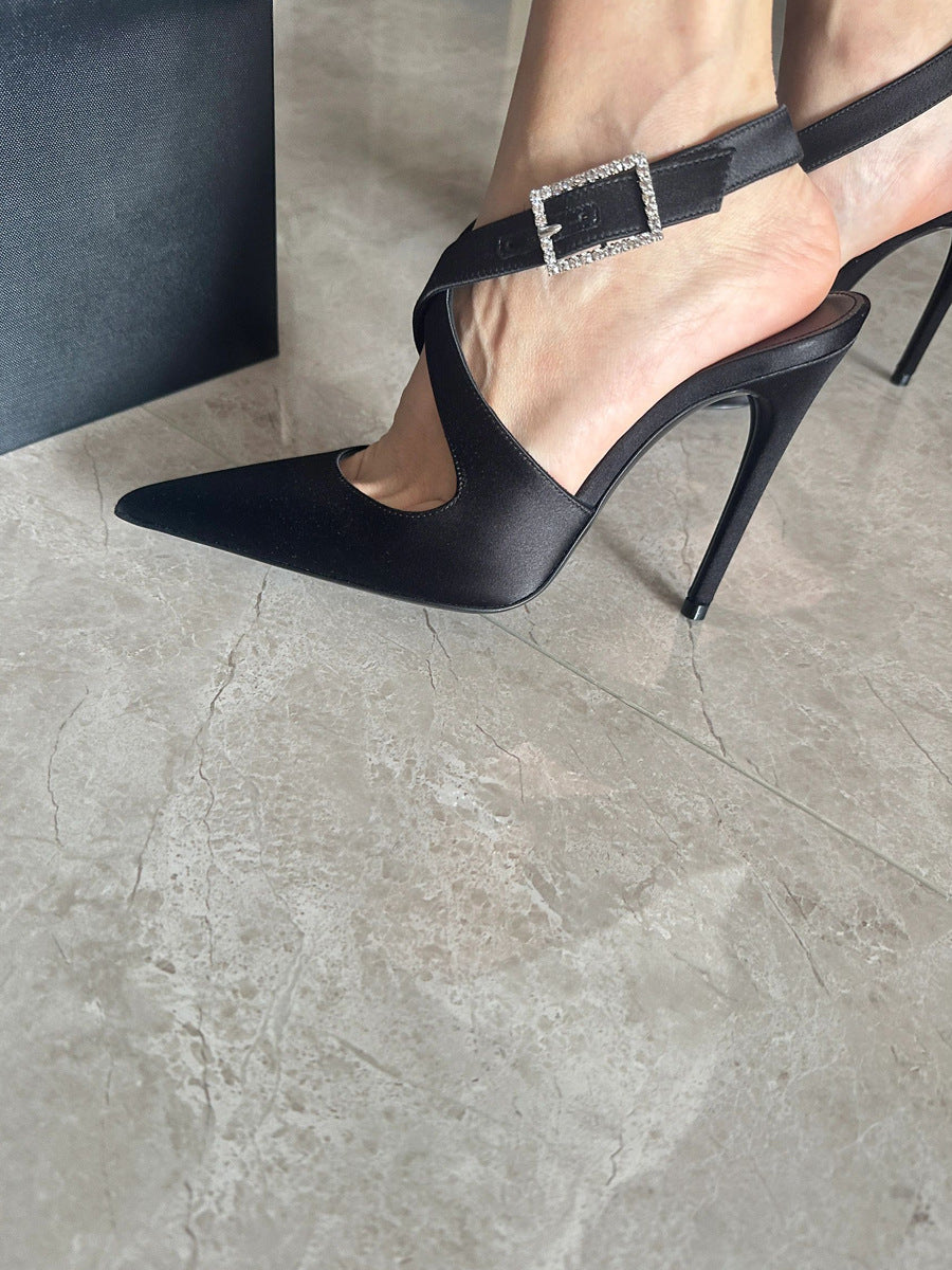Black Satin Glitter Mesh Pointed Toe Slingback Stiletto Pumps with Crystal Rhinestone Square Buckle | Elegant Luxury Evening Heels for Women