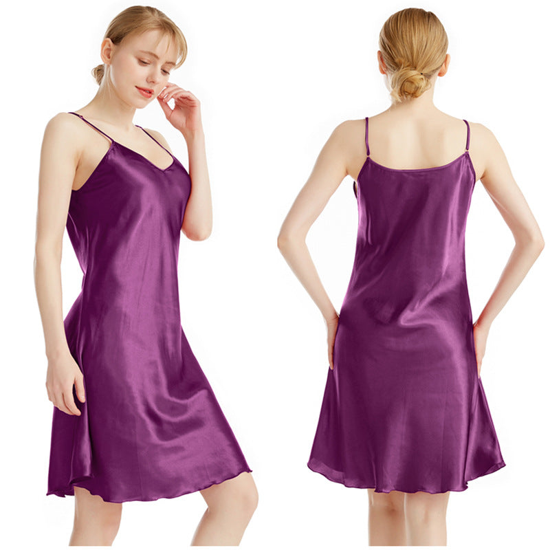 Women's Wine Red Satin V Neck Midi Slip Nightgown Elegant Sleeveless A-Line Sleep Dress Chemise Luxury Sleepwear