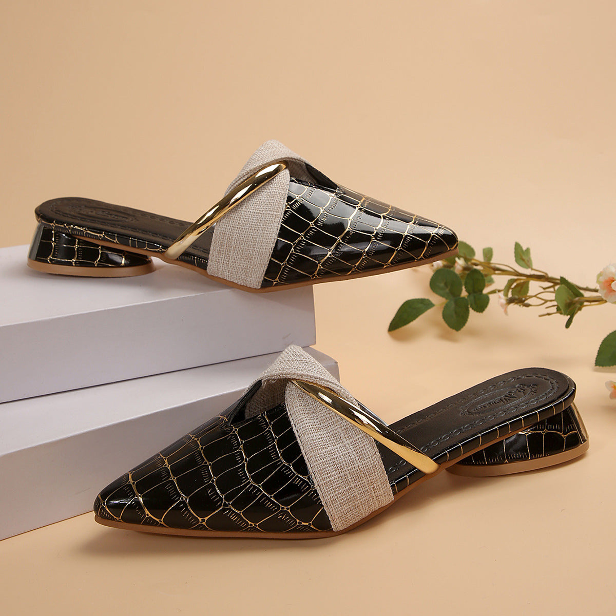 Croc Embossed Pointed Toe Mule Flats | Beige Gold Ring Slip-On Flat Shoes | Women's Luxury Casual Backless Loafer Mules