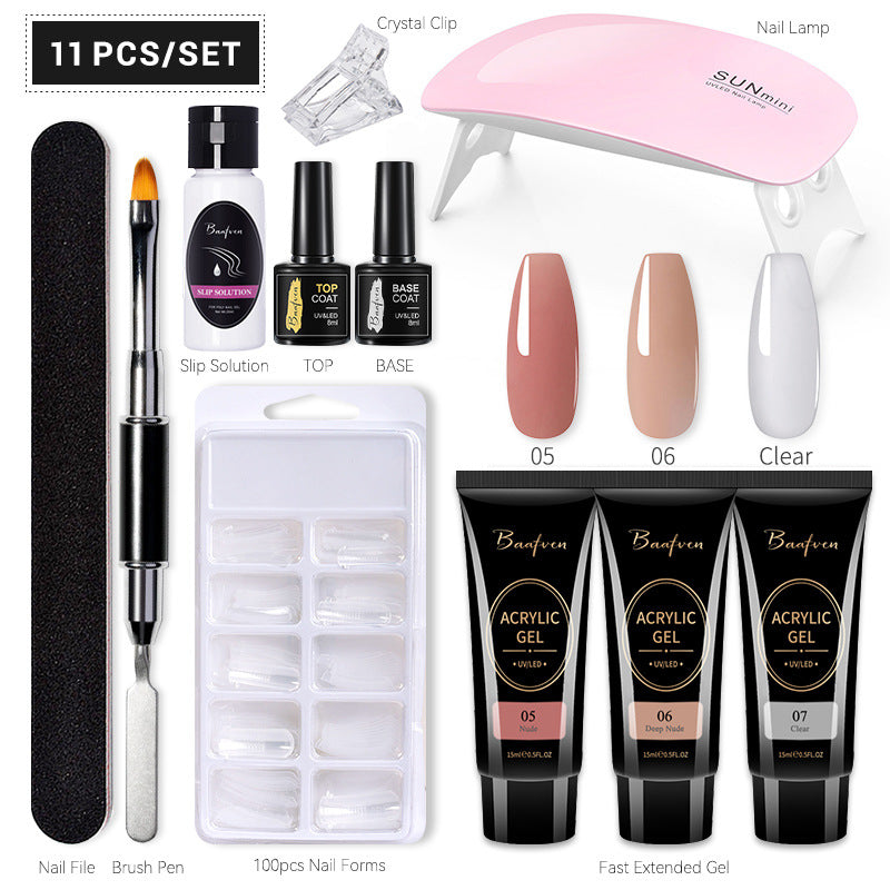 Baafven 11PCS Acrylic Gel Nail Extension Kit | Poly Gel Set with UV LED Nail Lamp, Top & Base Coat, Nail Forms & Tools