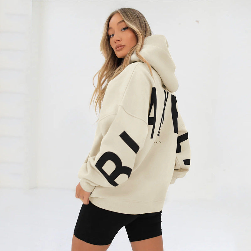 Blakey Originals Oversized Hoodie | Camel Tan Letter Print Pullover | Women's Streetwear Fleece Sweatshirt | Casual Aesthetic Fashion