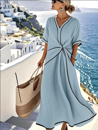 Women's Beige Contrast Trim Two Piece Set | V-Neck Twist Top + Wide Leg Pants Summer Co-ord Outfit