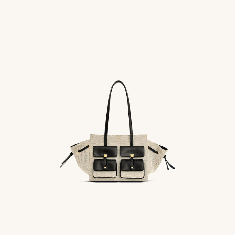 JW PEI Linda Genuine Leather Shoulder Tote Bag Camel Beige Tote Bag with Front Pockets | Wing Tote Shoulder Bag Leather