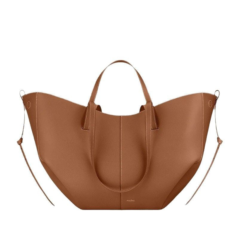 Polene Numero Un Maxi Bag in Marrone Cammello - Autentica Borsa Tote Francese in Pelle | Borsa a Spalla Curva Firmata con Lacci Regolabili