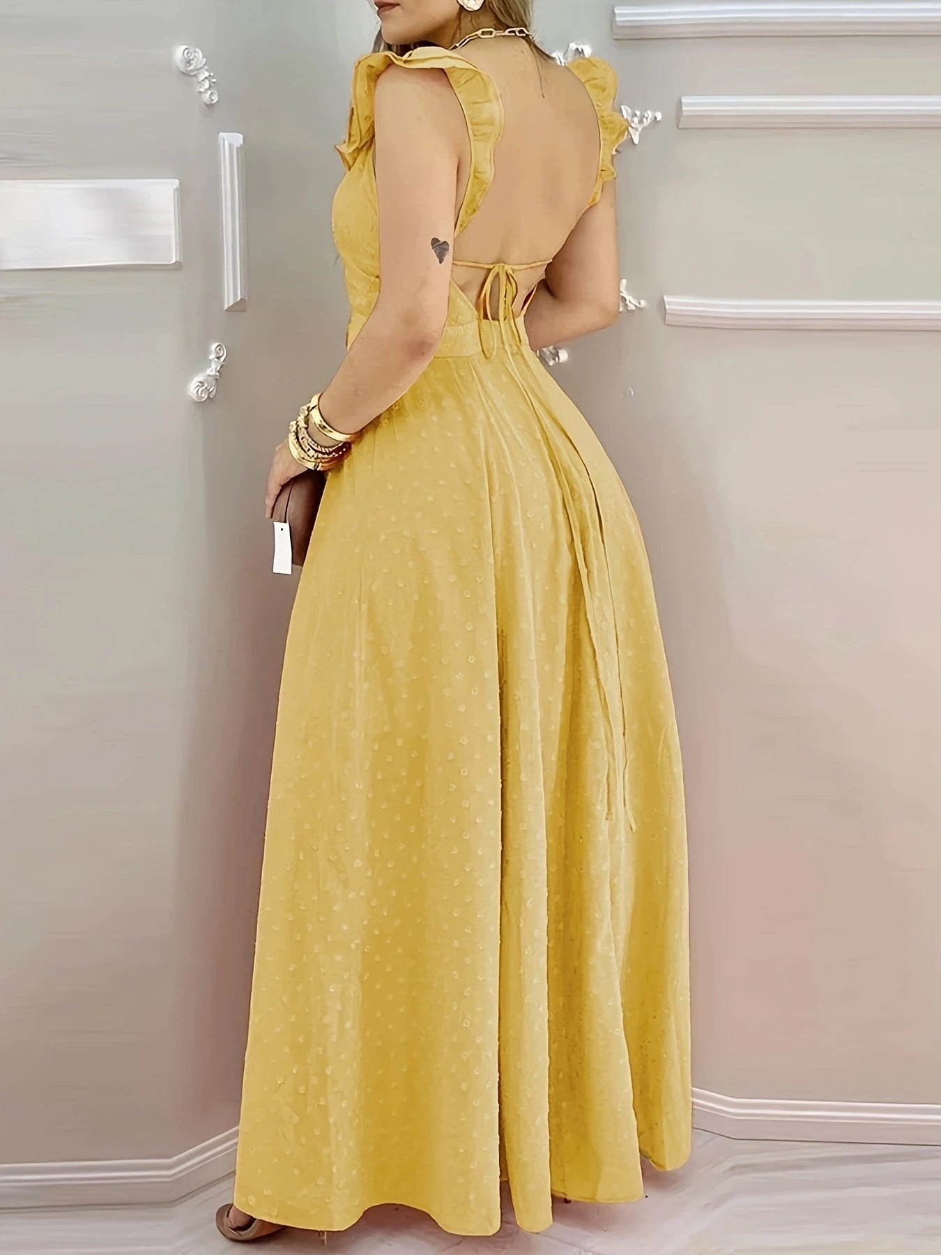 Maxi vestito giallo a pois svizzeri con balze | Prendisole aperto con spalline sul retro e spacco laterale | Vestito estivo da donna bohémien ampio | Abito per invitati a matrimoni e vacanze