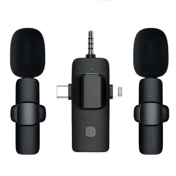 K15 Wireless Lavalier Microphone 1-to-2 | Dual Clip-On Mic for iPhone Android & Camera | USB Type-C Lightning 3.5mm Vlogging Mic
