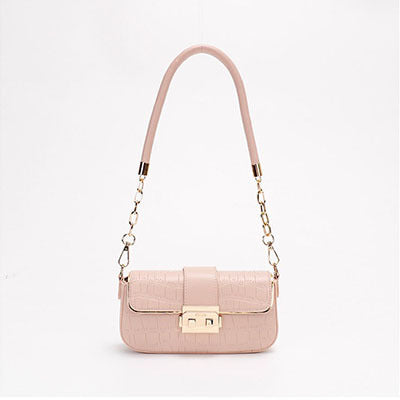 Pink Crocodile Embossed Shoulder Bag - Designer Inspired Baguette Bag with Chain Strap | Gold Lock Closure Flap Bag