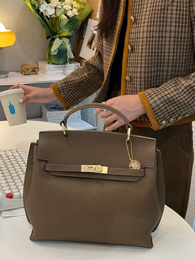 Beige Structured Crossbody Bag with Lock Closure - Designer Inspired Trapezoid Handbag | Luxury Style Shoulder Bag