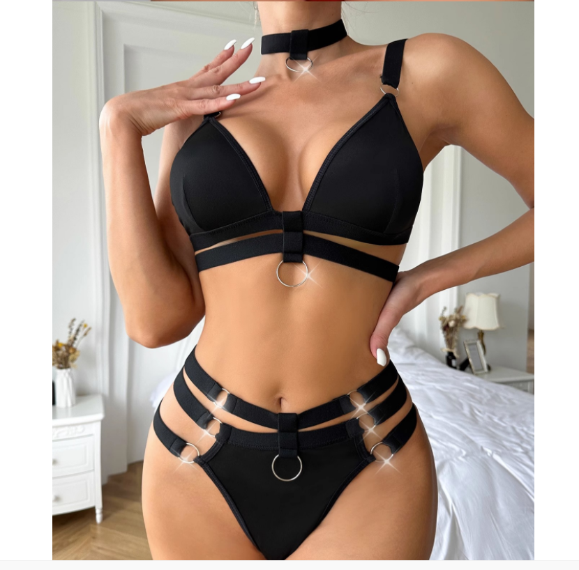 Women's Royal Blue Strappy Harness Bra & High Waist Panty Set with Choker ? Sexy 3-Piece O-Ring Lingerie Set