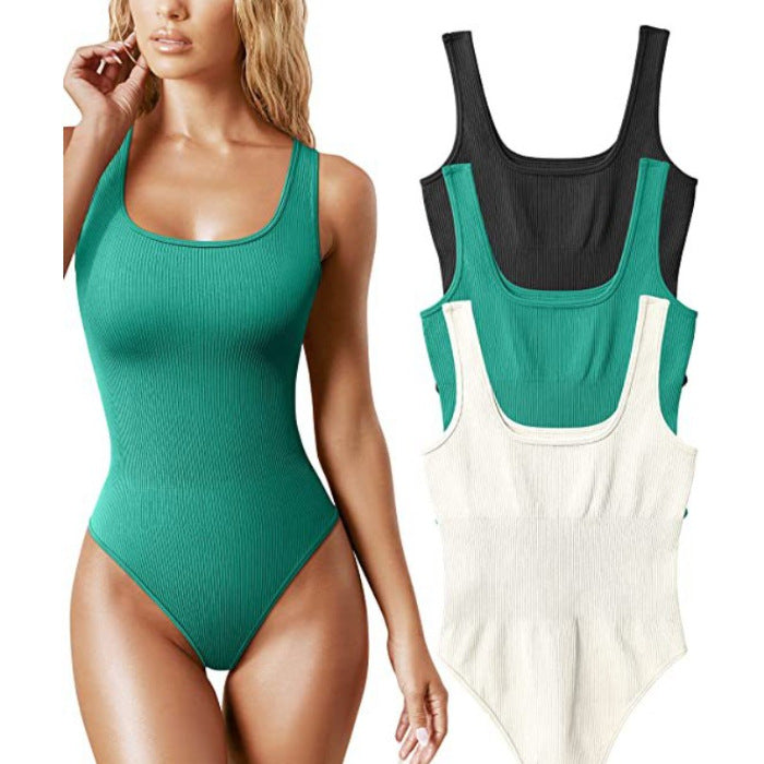 Ribbed Thong Bodysuit for Women | Scoop Neck Sleeveless Fitted Body Suit | 8 Colors Seamless Stretch Tank Bodysuit
