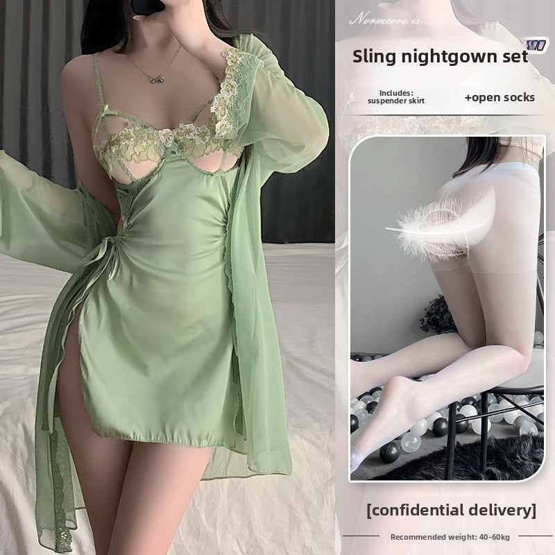 Women's Green Satin Lace Babydoll Lingerie Set Sexy Hollow Out Chemise Mini Slip Dress with Robe