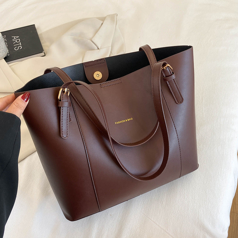 Black Leather Tote Bag - Classic Structured Shoulder Bag with Gold Hardware | Large Work Handbag for Women