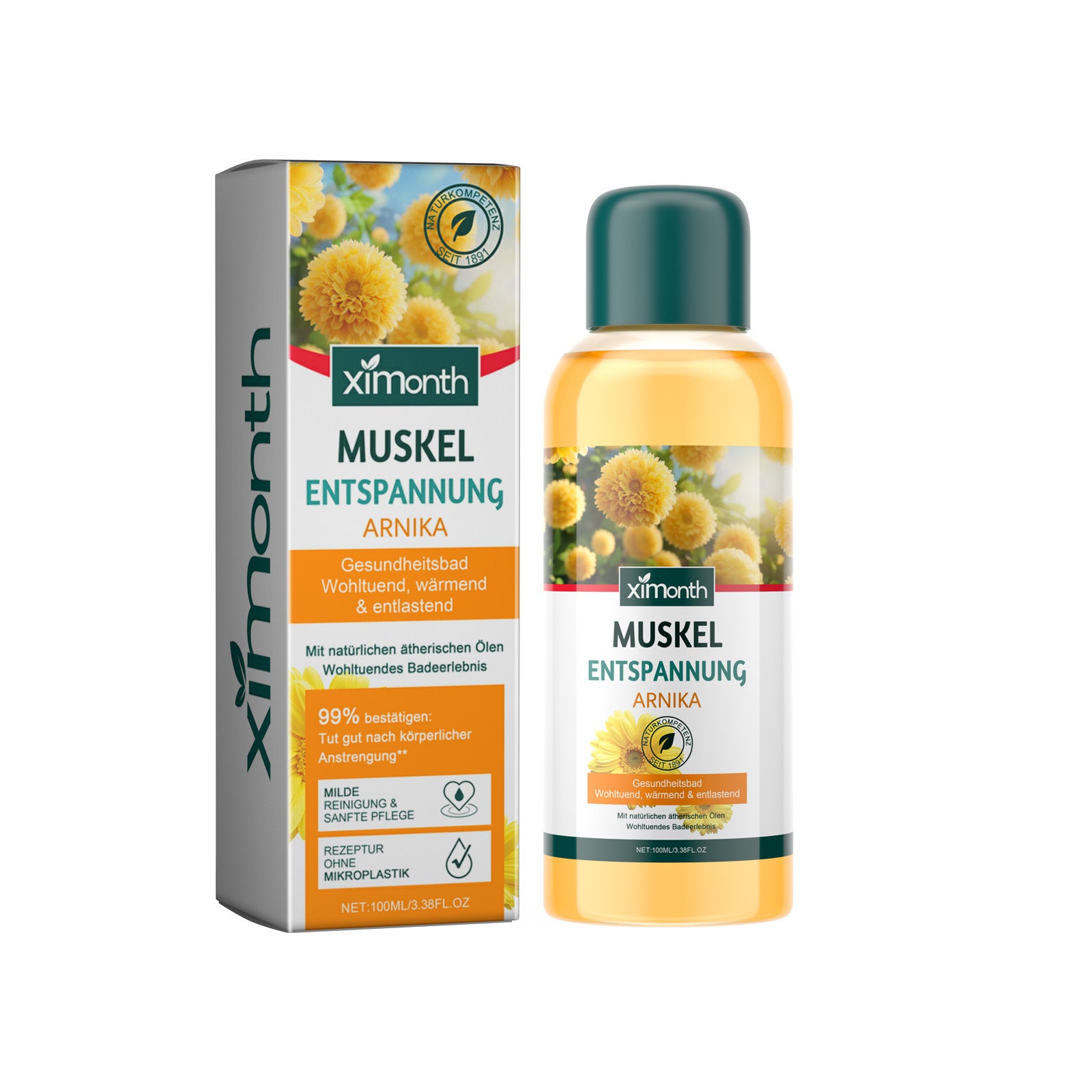 Ximonth Arnica Muscle Relaxation Bath Oil 100ml - Warming Soothing Health Bath with Natural Essential Oils - Microplastic Free Formula for Post-Workout Recovery & Muscle Relief