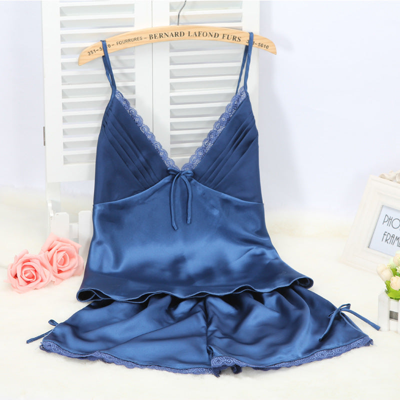 Satin Lace Trim Pajama Set | Cami Top & Shorts with Bow Detail | Silky Sleepwear for Women | Cream Loungewear Set