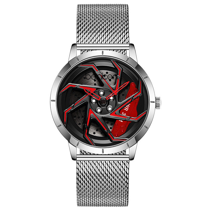 Bodeer Spinning Rim Watch Men | 3D Red Turbine Wheel Dial | Silver Stainless Steel Bracelet | Racing Car Enthusiast Watch