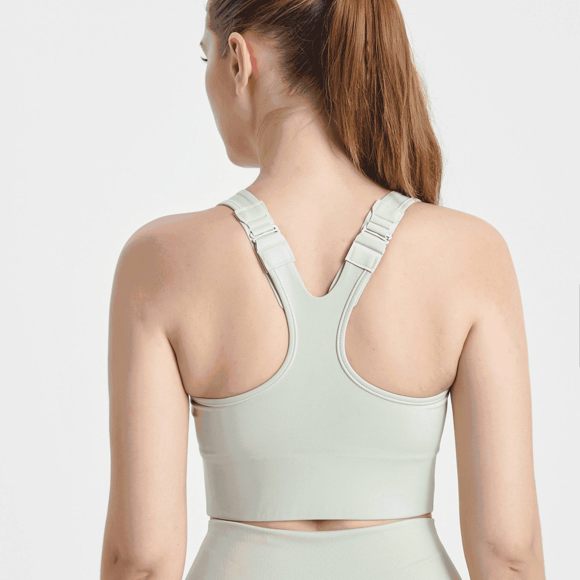 Women's Khaki Front Zip Racerback Sports Bra with Padded Cups and High Support Cropped Fit for Gym and Yoga