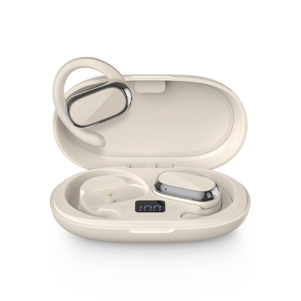 Open Ear Clip Wireless Earbuds TWS Bluetooth 5.0 Chrome Oval Design LED Battery Display Charging Case Cream Ivory Stereo Sound Hands Free Mic for Sport Running Gym Work iPhone Android