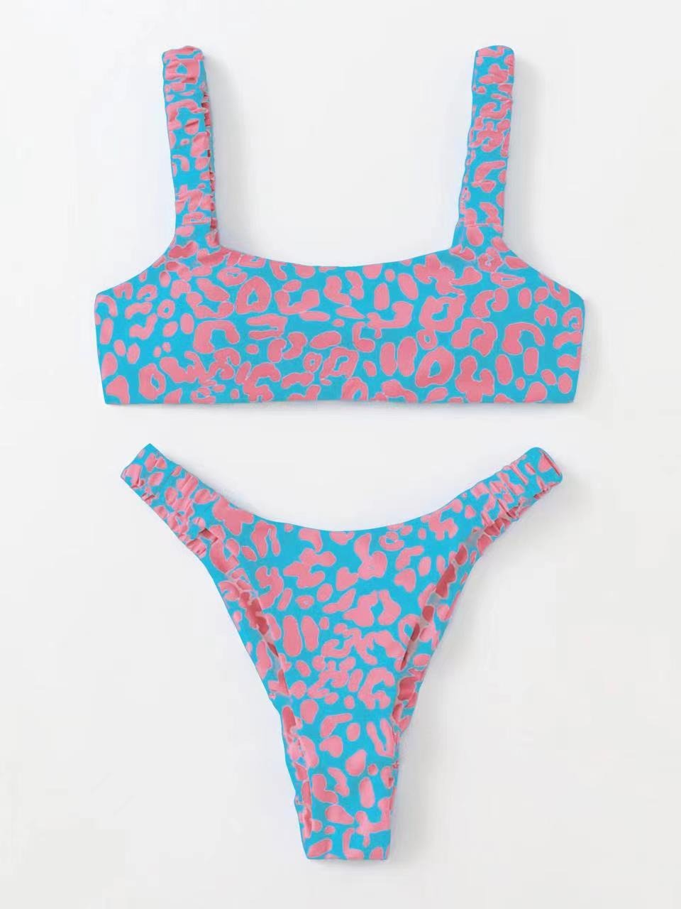 Colorful Leopard Print Bikini Set, Square Neck Crop Top & High Cut Bottom, Women Two Piece Swimwear, Multi Color Animal Print Swimsuit, Beach Vacation Bathing Suit