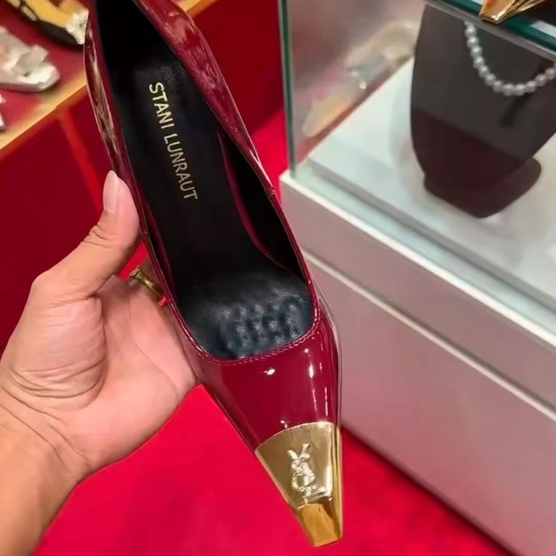 Black Patent Leather Gold Metal Cap Toe Stiletto Pumps | High Heel Pointed Toe Court Shoes for Women