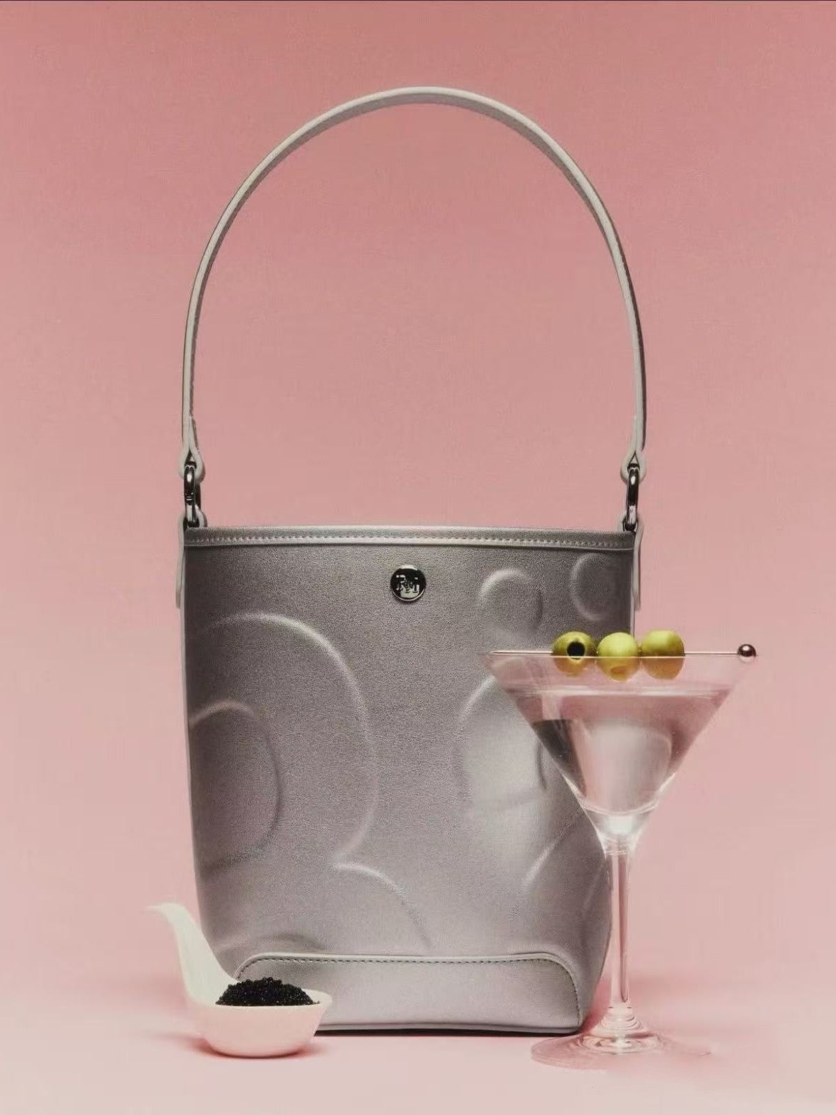 Silver Metallic Bucket Bag | Evening Shoulder Bag with Zipper Closure