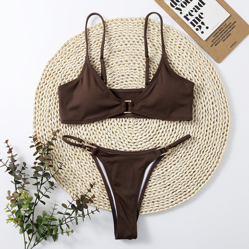Brown Ribbed Bikini Set | Gold Metal Hardware Triangle Top & Thong Bottoms | Chocolate Minimalist Two Piece Swimsuit Women