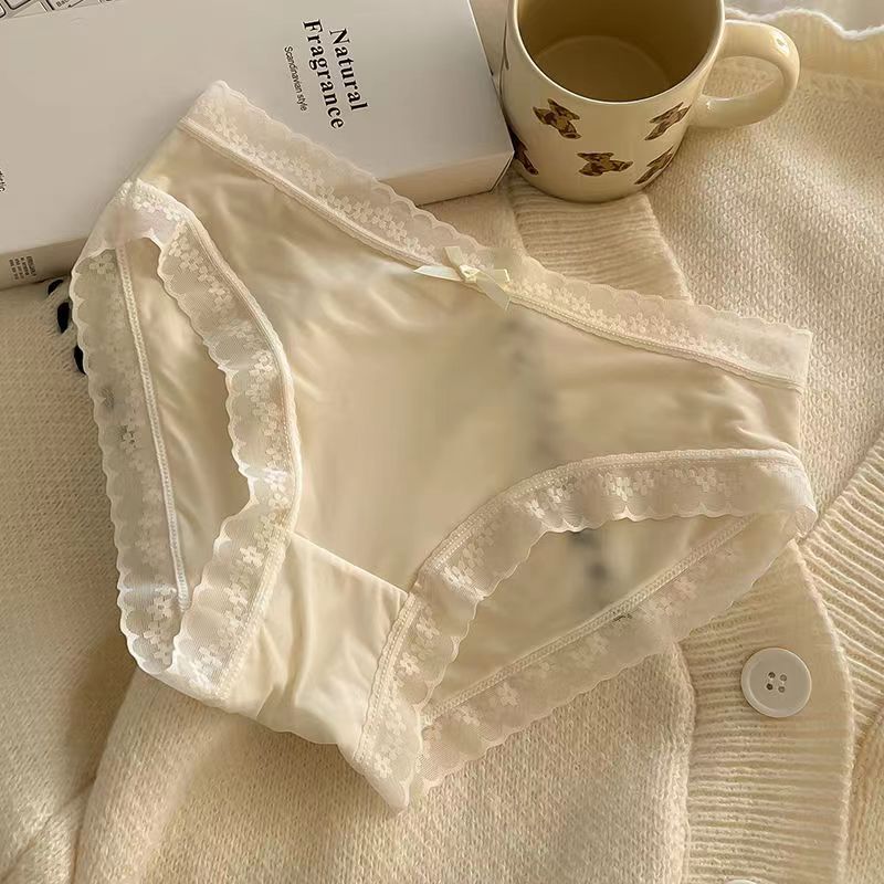 Satin Silk Lace Trim Bow Panties for Women Soft Smooth Mid Rise Briefs Floral Lace Edge White Beige