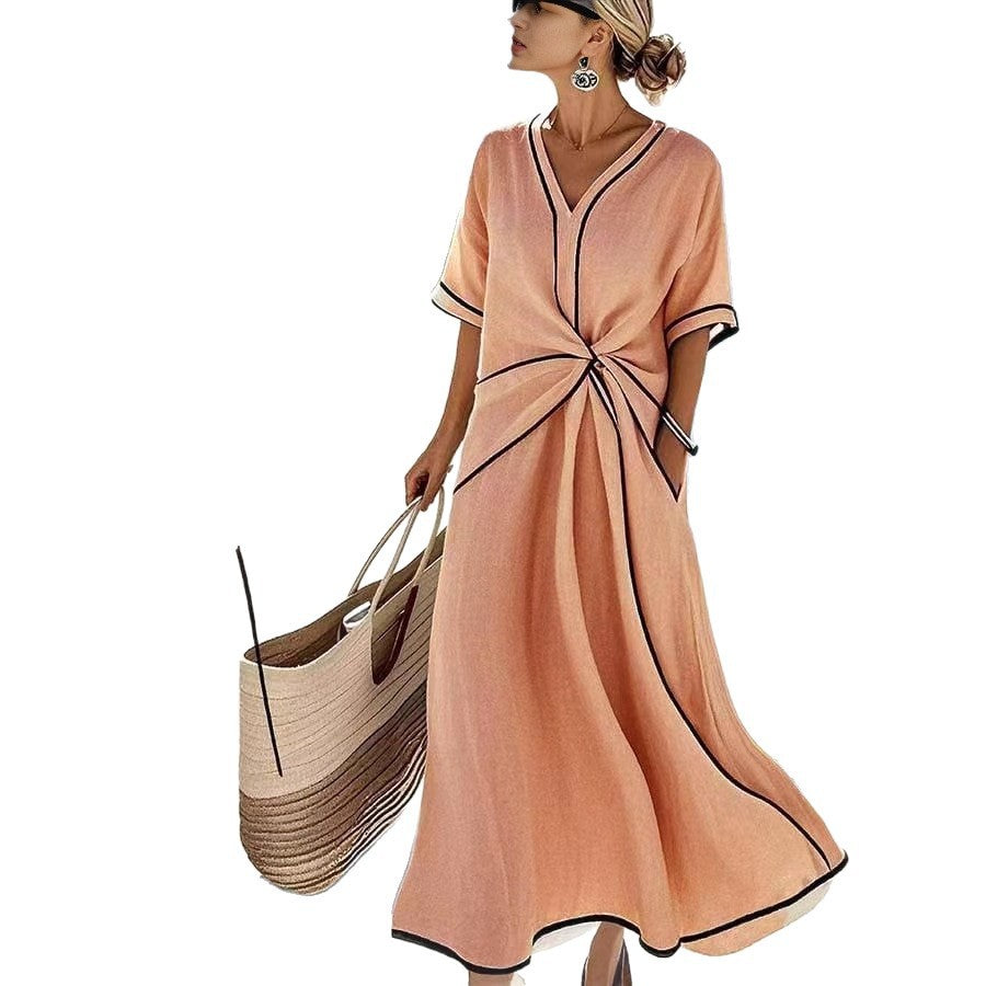 Women's Beige Contrast Trim Two Piece Set | V-Neck Twist Top + Wide Leg Pants Summer Co-ord Outfit
