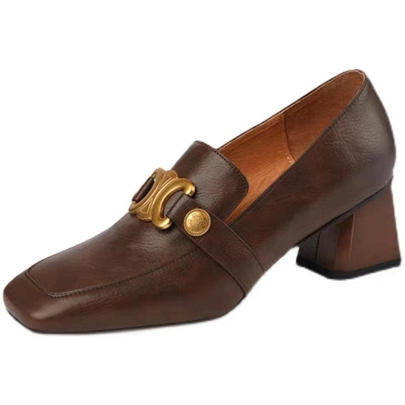 Brown Square Toe Block Heel Loafer Pumps | Women's Gold Chain Hardware Chunky Heel Leather Slip-On Shoes | Retro Luxury Heels