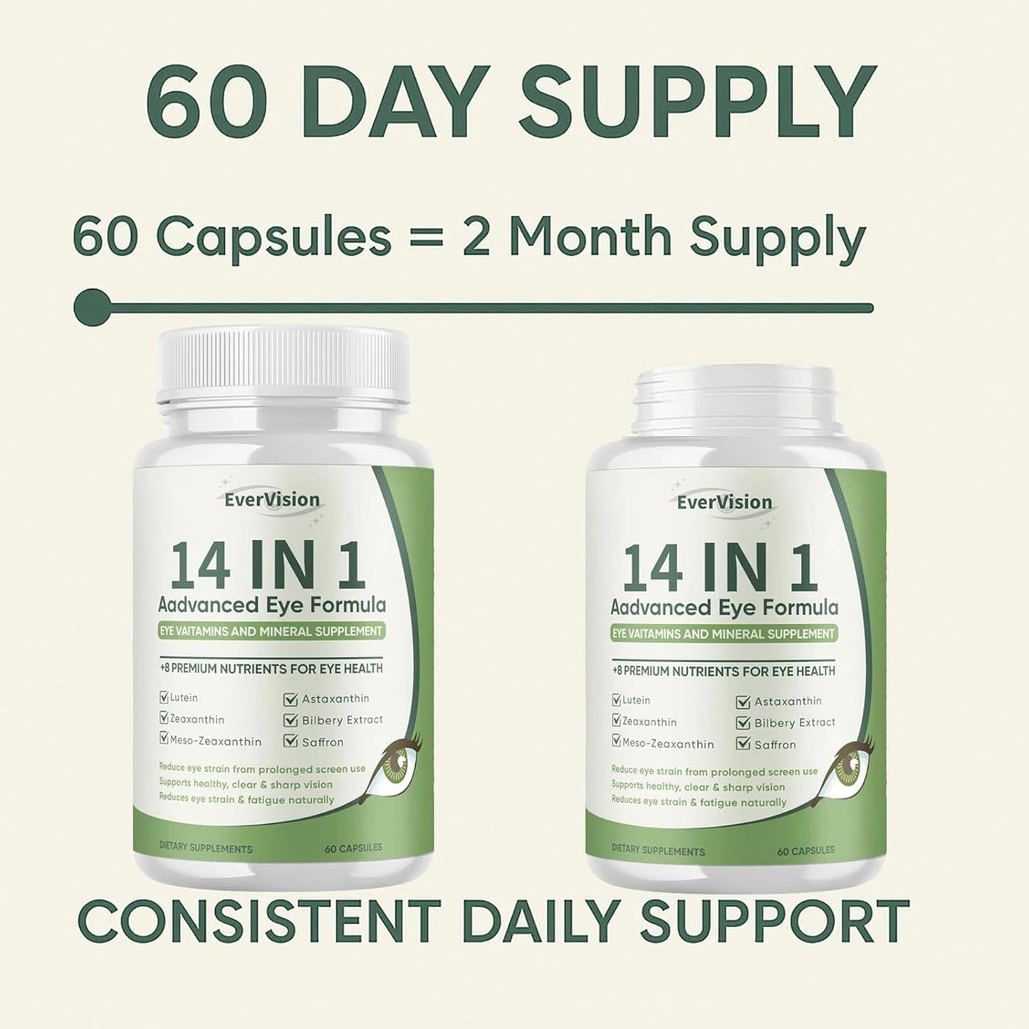 EverVision 14-in-1 Advanced Eye Formula Supplement - Lutein Zeaxanthin Meso-Zeaxanthin Astaxanthin Bilberry Saffron - Reduces Eye Strain & Screen Fatigue - Supports Clear Sharp Vision - 60 Capsules