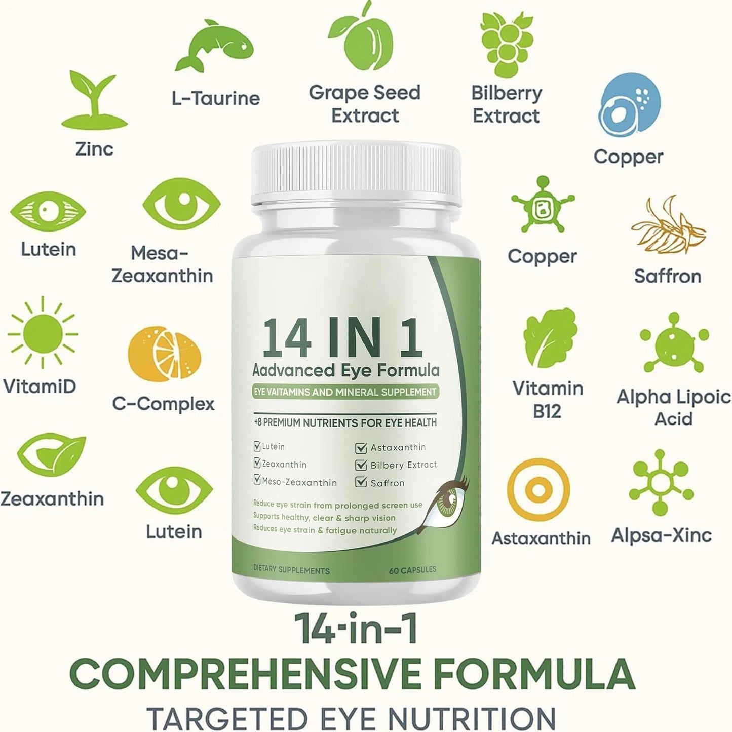 EverVision 14-in-1 Advanced Eye Formula Supplement - Lutein Zeaxanthin Meso-Zeaxanthin Astaxanthin Bilberry Saffron - Reduces Eye Strain & Screen Fatigue - Supports Clear Sharp Vision - 60 Capsules
