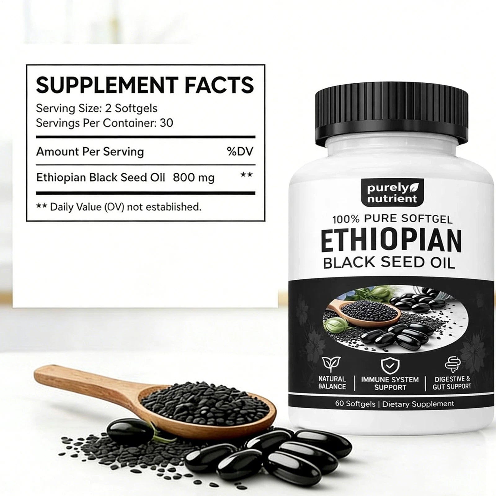 Purely Nutrient Ethiopian Black Seed Oil Softgels - 100% Pure Nigella Sativa | Immune Support, Gut Health & Natural Balance | 60 Softgels