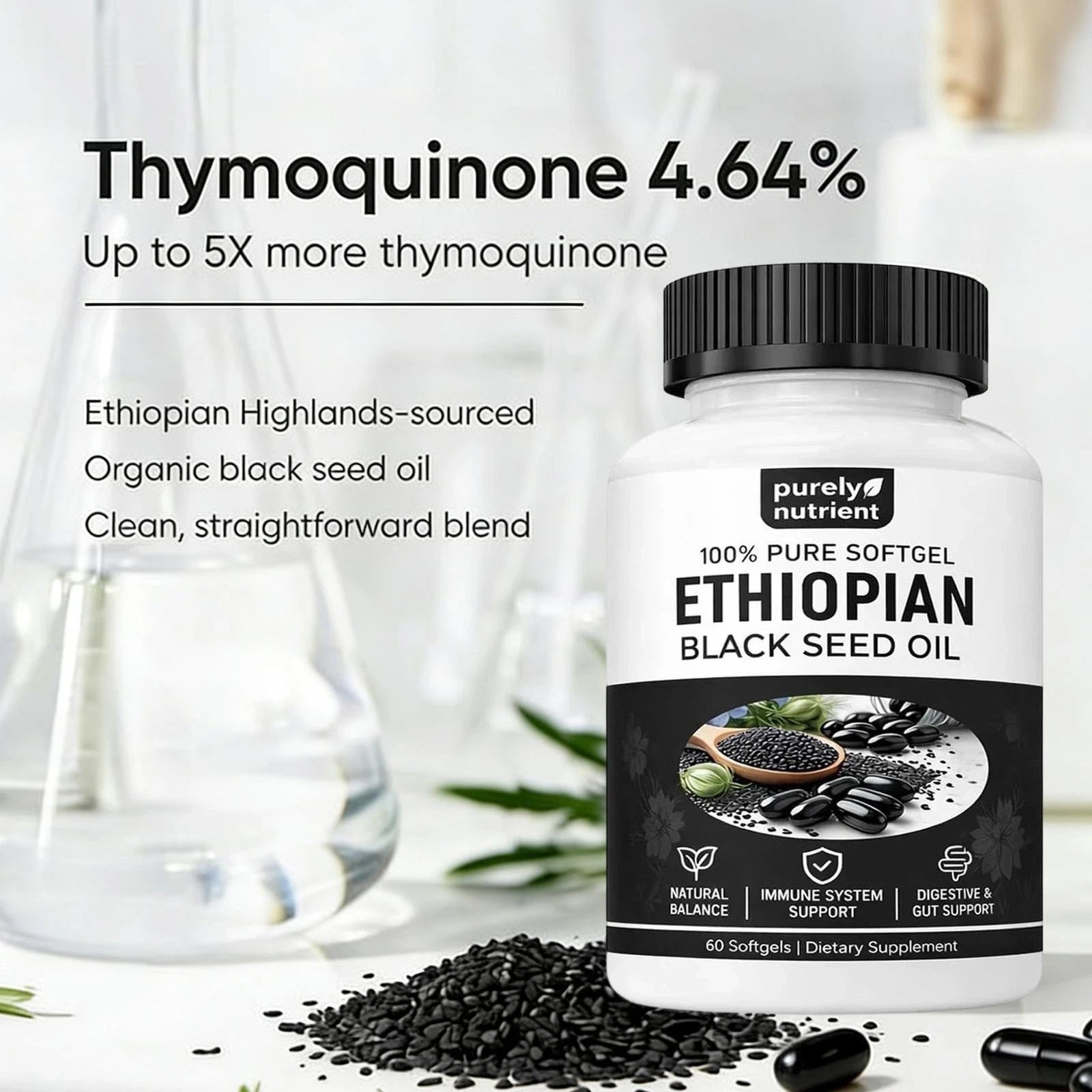 Purely Nutrient Ethiopian Black Seed Oil Softgels - 100% Pure Nigella Sativa | Immune Support, Gut Health & Natural Balance | 60 Softgels